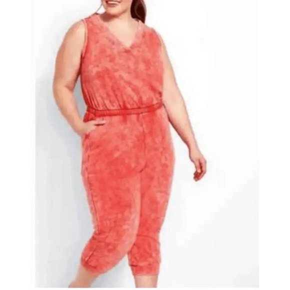 Lane Bryant Pants - Lane Bryant LIVI Active Red Acid Wash Sleeveless Jumpsuit French Terry SZ 22/24